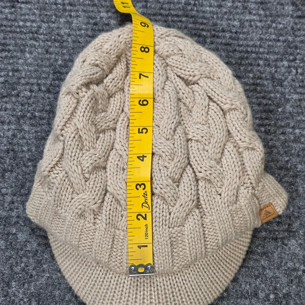 Adidas Cable Knit Visor Beanie Women's Tan Beige Fleece Lined Winter Hat Brimmed
